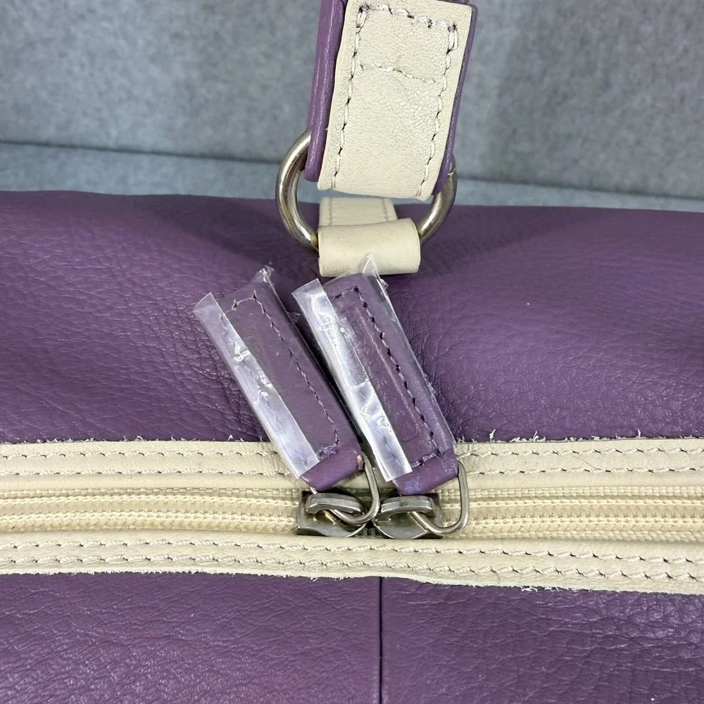 Levenger Leather Duffel Travel Weekend Touring Bag Grape Purple Cream Strap NEW